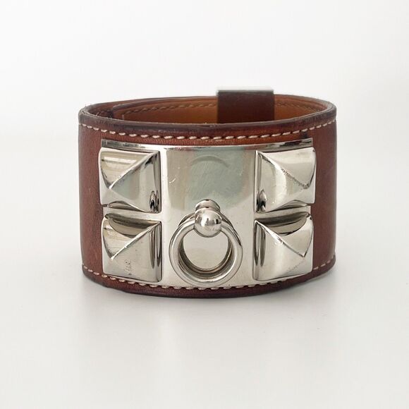 Hermès Collier De Chien CDC Bracelet Leather Brown Palladium Sz Small T1 Barenia - Picture 1 of 16